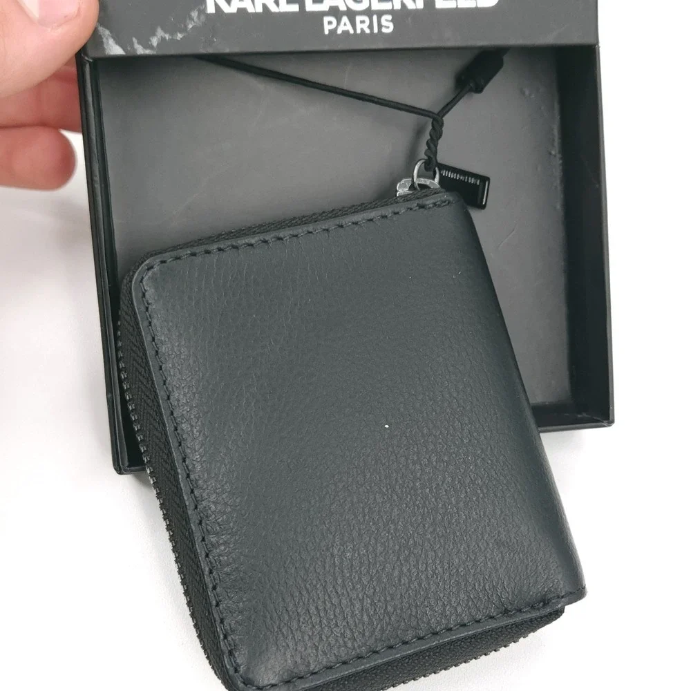 Karl Lagerfeld Paris Zip Around Black Leather Square Wallet Logo Womens Pocket